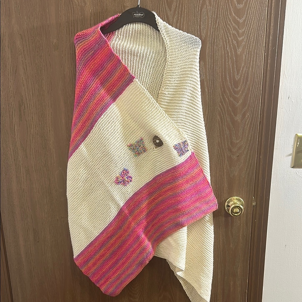 Hand Knit Open Front Cardigan Sweater Duster Butterfly Detail One Size‎